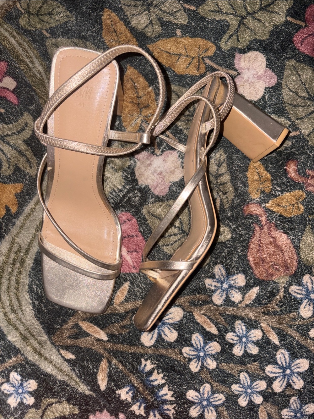H&M Metallic Rose Gold Strappy Block Heel Sandals